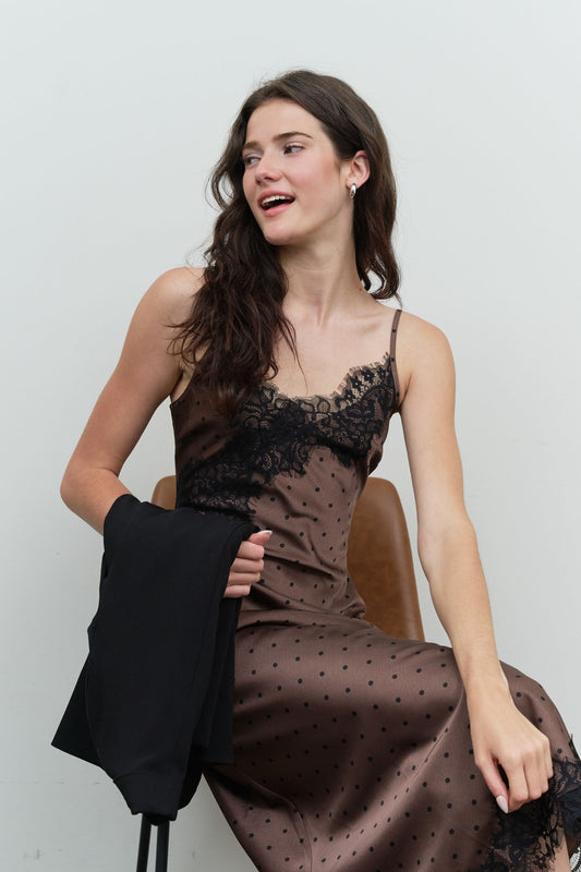 Polka Dot Lace Trim Midi Dress