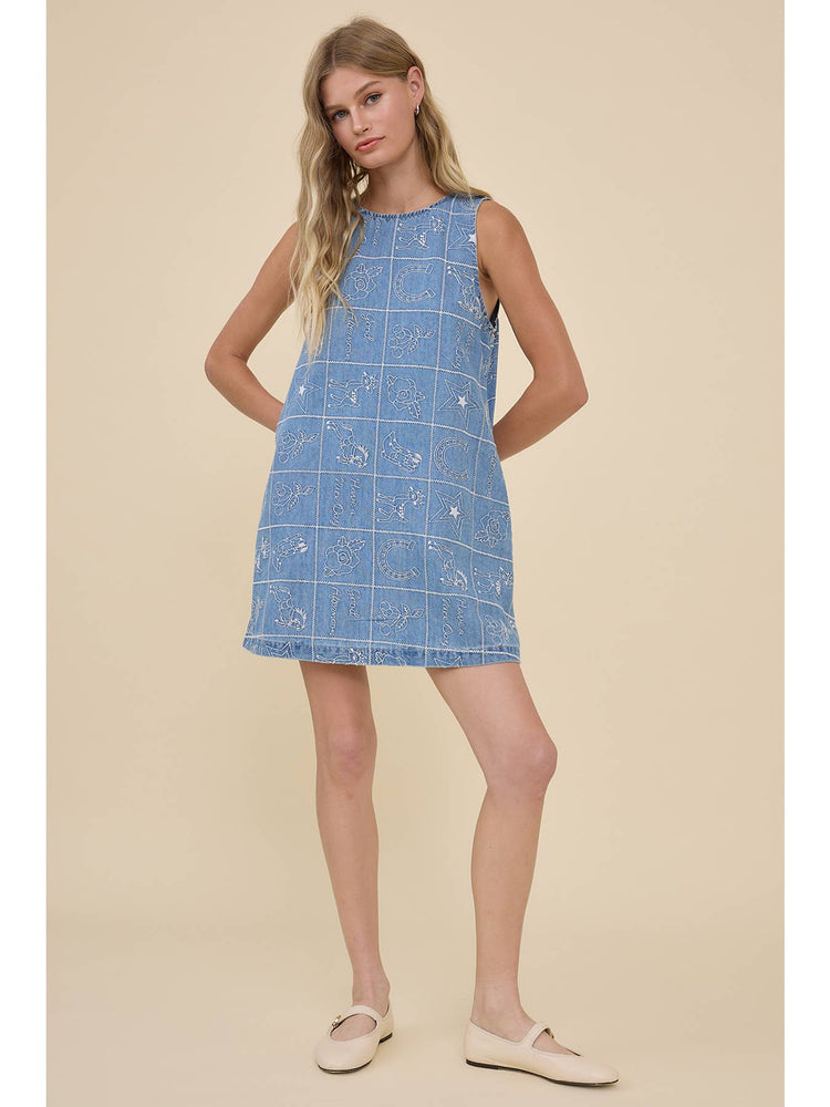 Embroidered Denim Shift Mini Dress