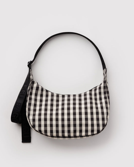Baggu Medium Nylon Crescent Bag in Black And Cream Gingham