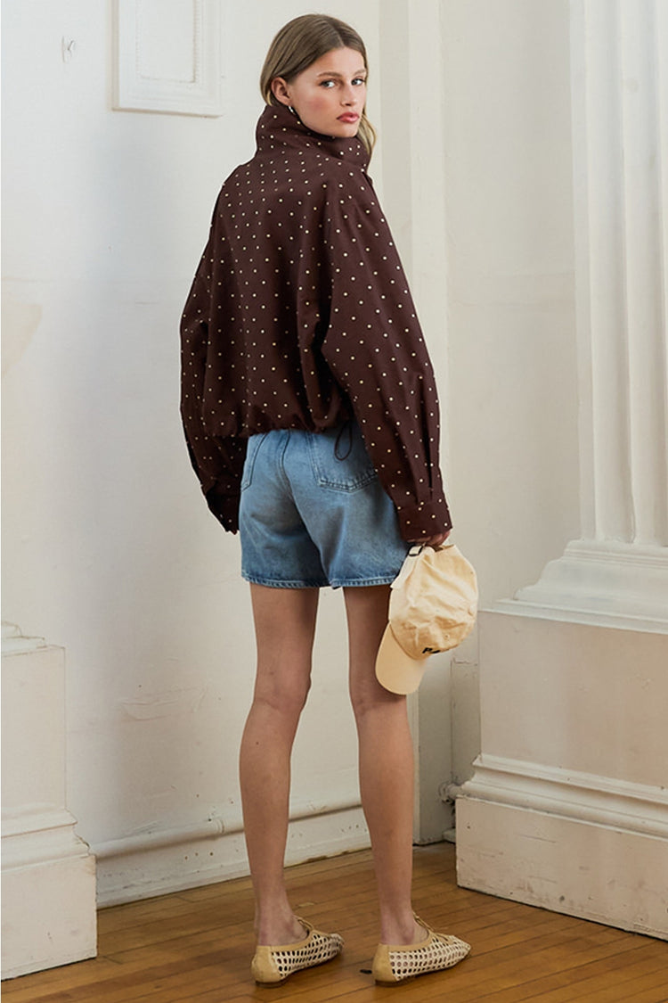 Polka Dot High Neck Drawstring Pullover Jacket