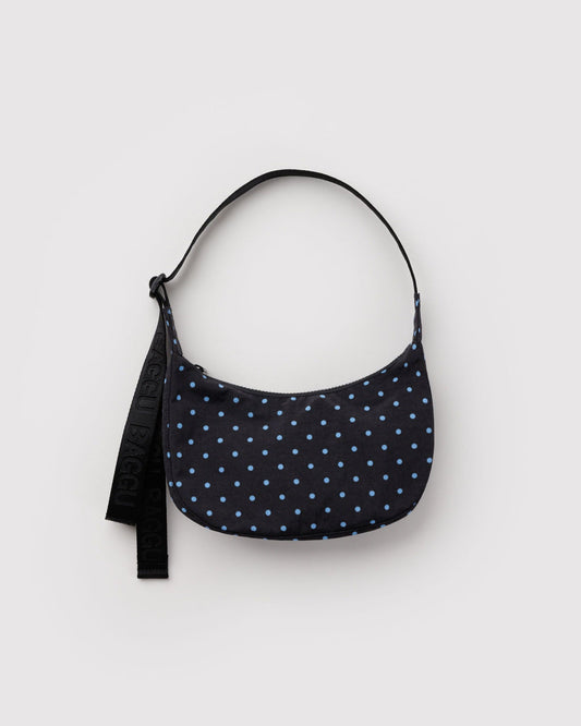Baggu Small Nylon Crescent Bag in Black and Sky Blue Micro Dot