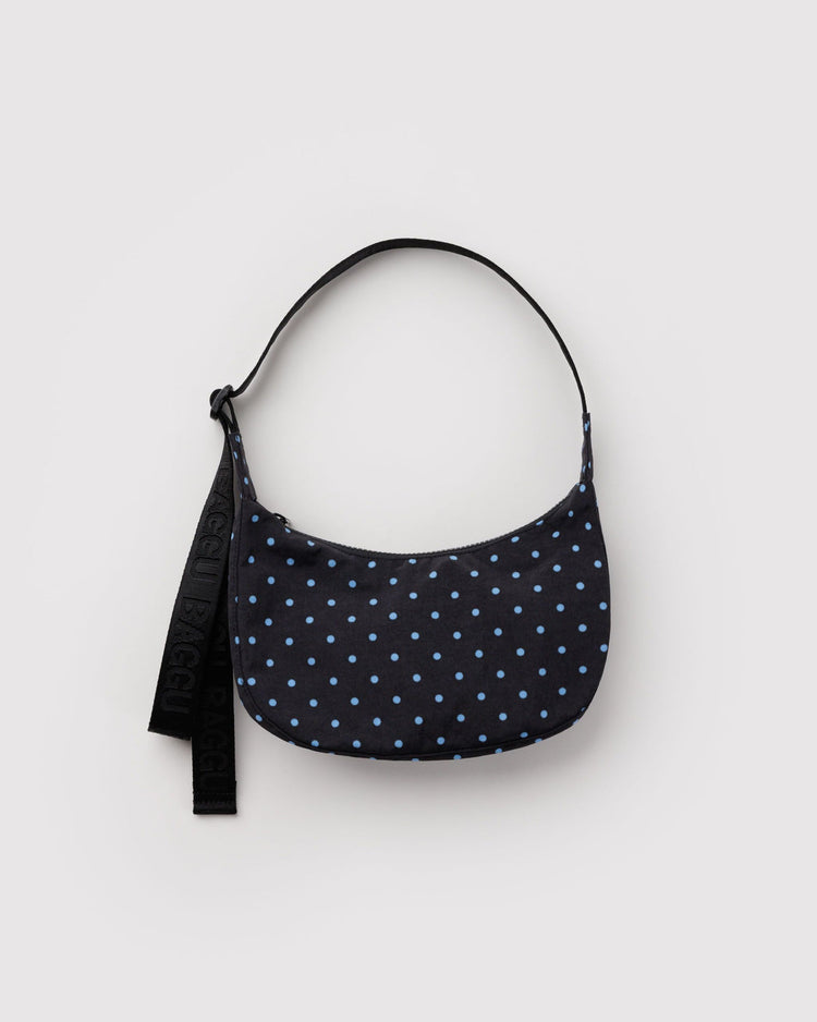 Baggu Small Nylon Crescent Bag in Black and Sky Blue Micro Dot