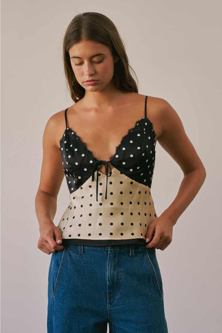 Polka Dot Satin Reversible Lace Cami Top