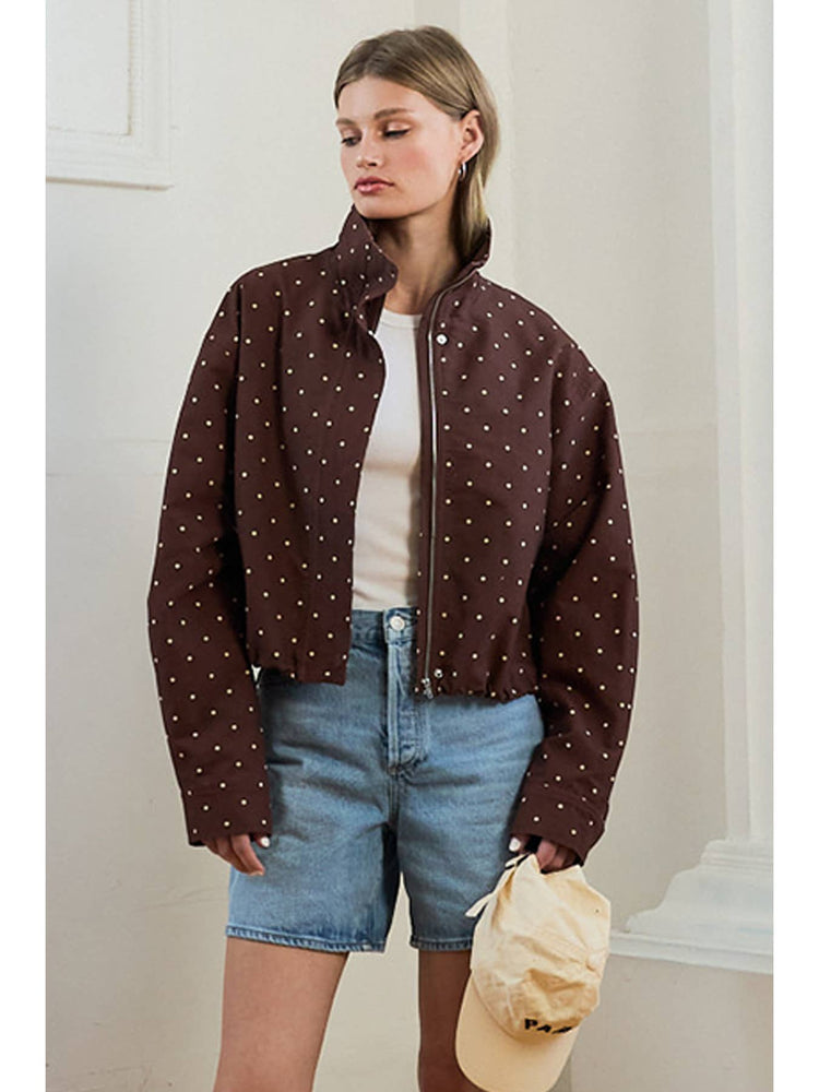 Polka Dot High Neck Drawstring Pullover Jacket