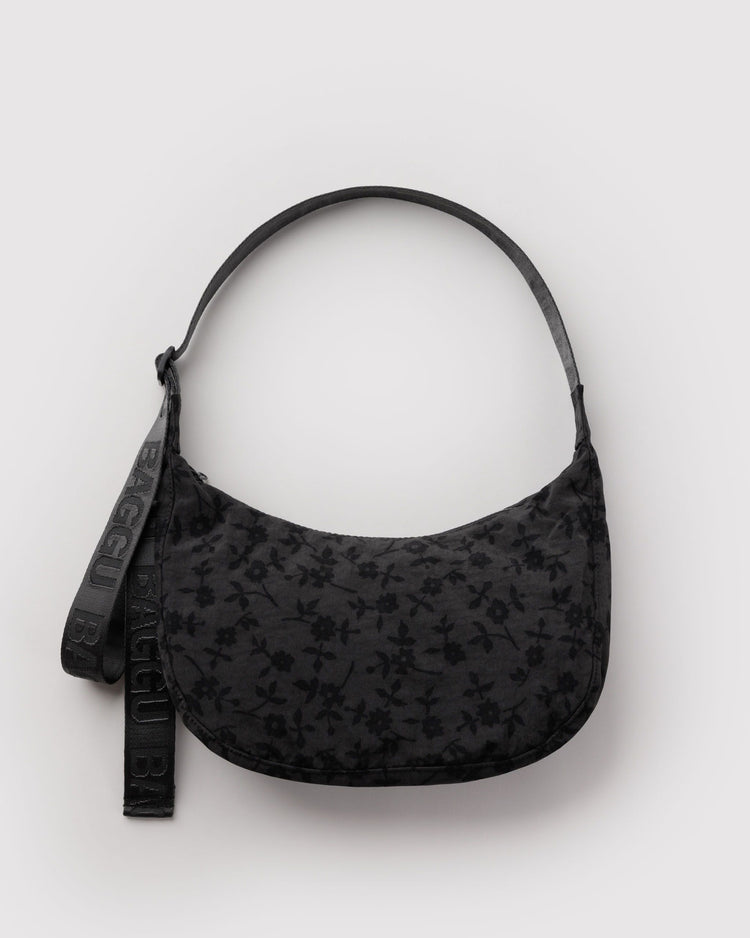 Baggu Medium Nylon Crescent Bag in Charcoal Ditsy Floral