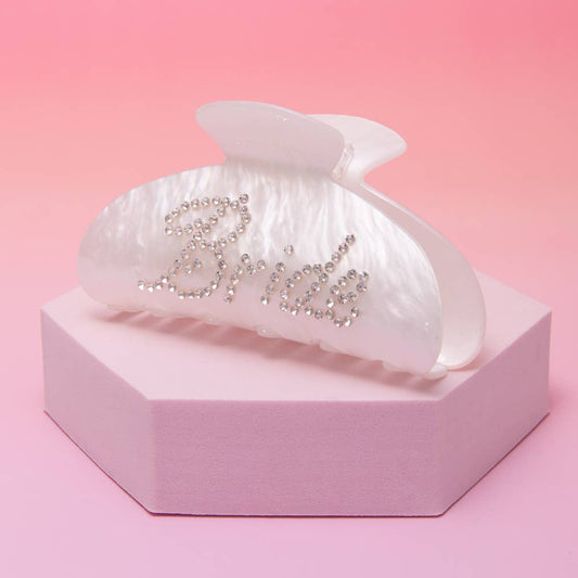 "Bride" Rhinestone Embellished White Pearlescent Hair Clip