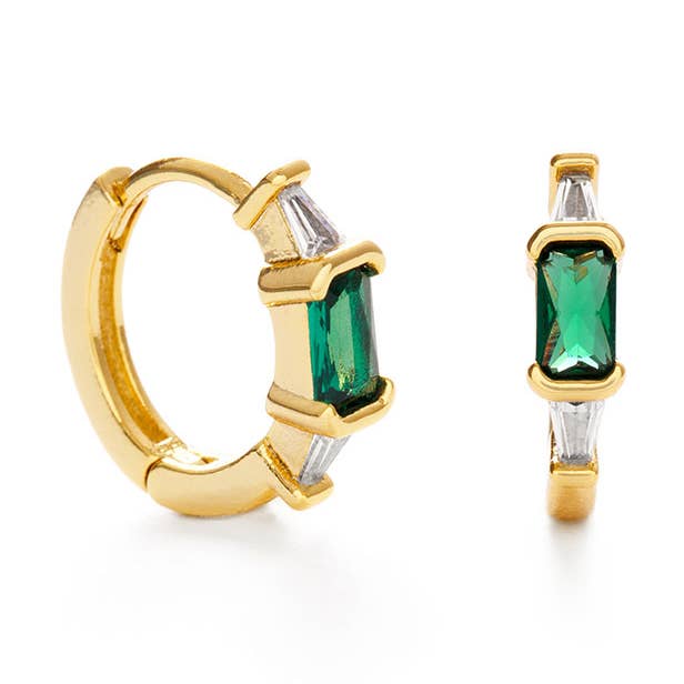 Emerald Green Crystal Baguette Huggie Hoop Earrings