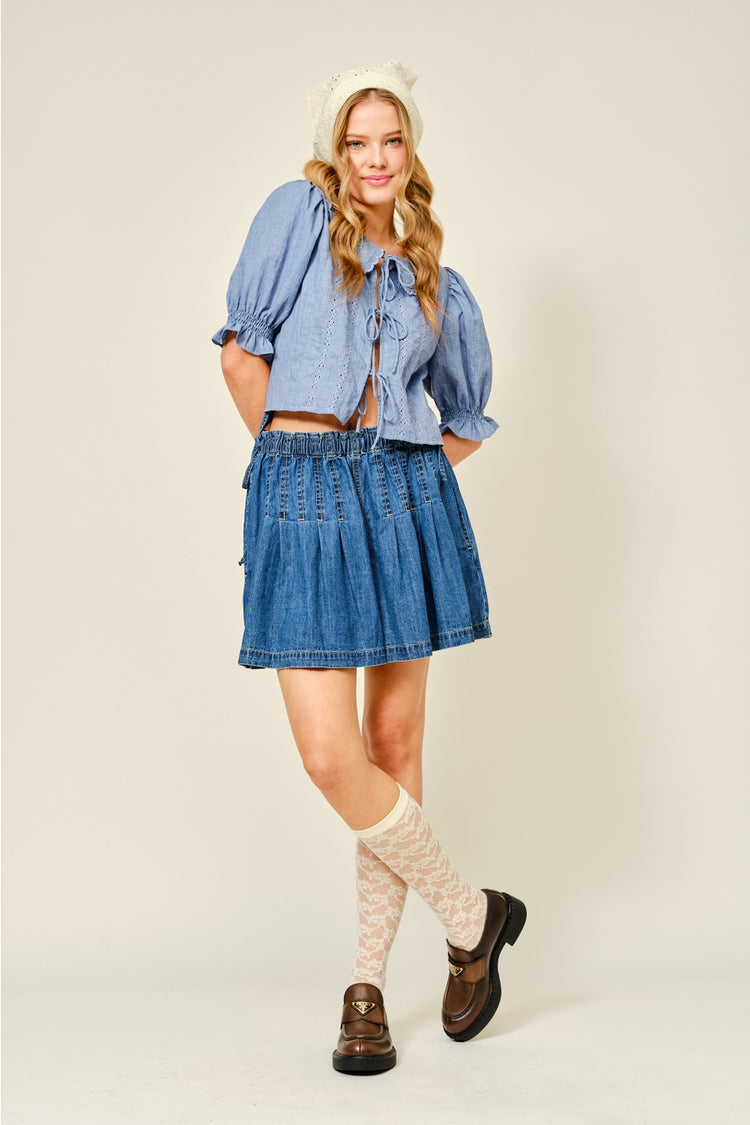 Embroidered Collar Ribbon Tie Short Sleeve Blouse