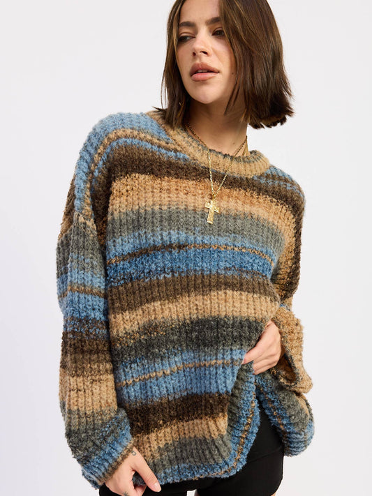 Brown and Blue Mix Oversized Knit Striped Sweater