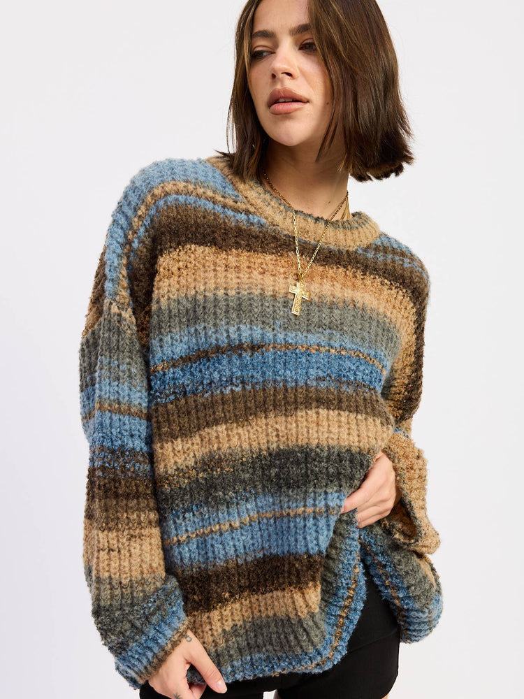 Brown and Blue Mix Oversized Knit Striped Sweater