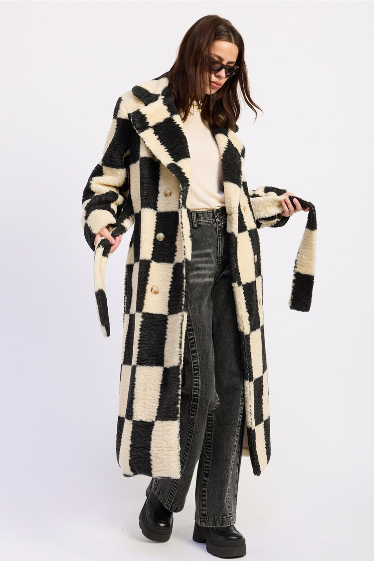 Faux Fur Collared Checkered Coat