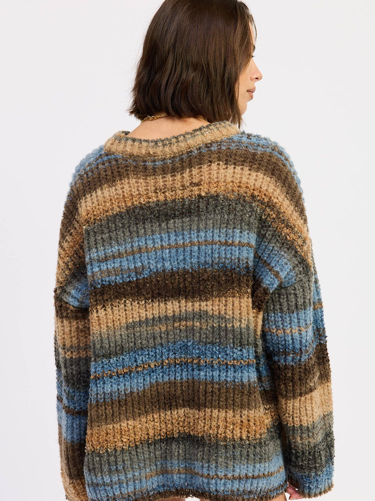 Brown and Blue Mix Oversized Knit Striped Sweater