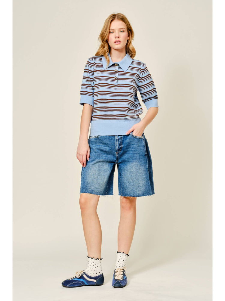 Soft Striped Short Sleeve Sweater Top