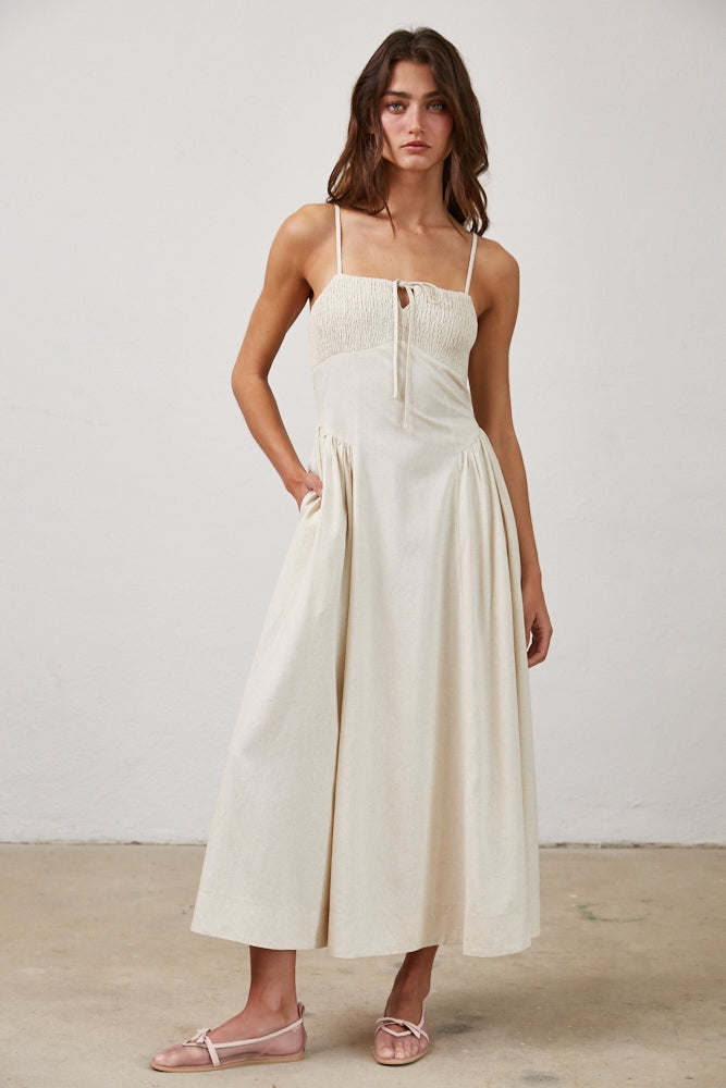 Ruched Ivory Midi Dress