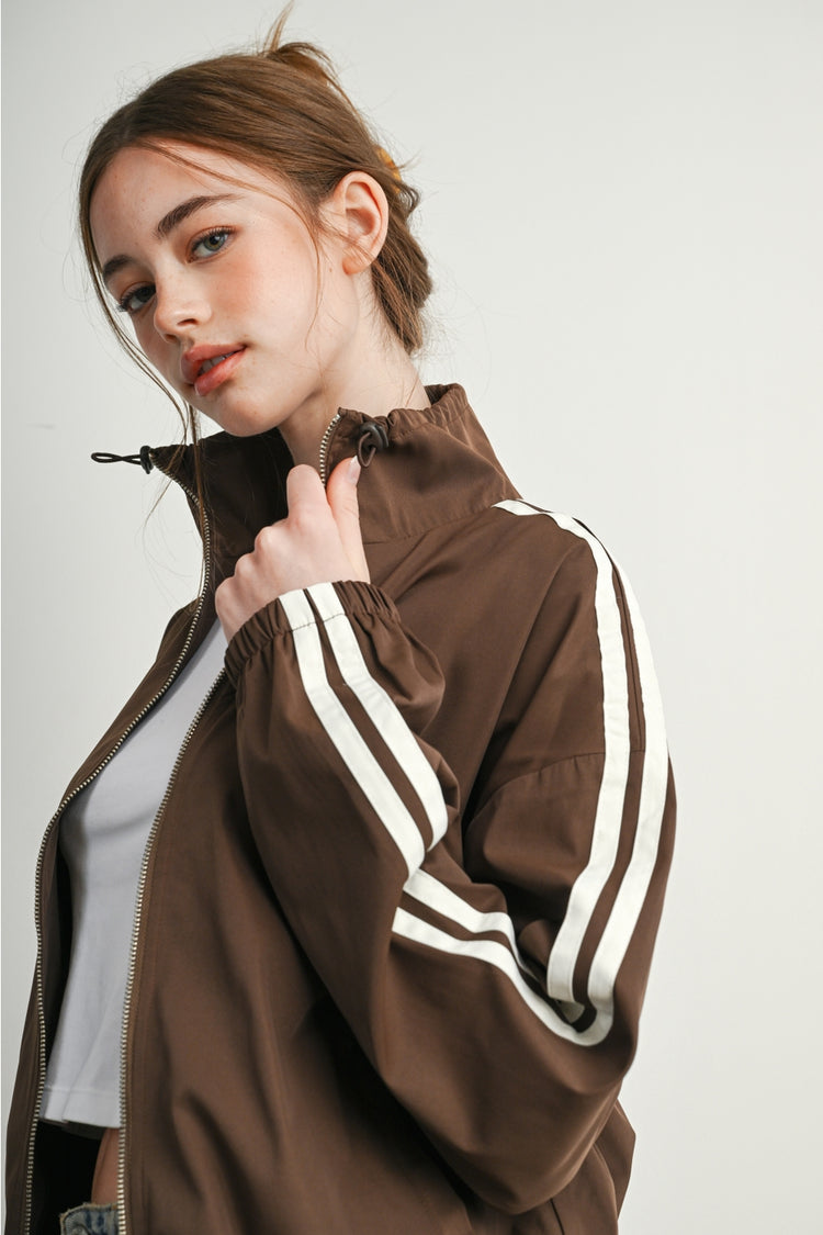 Striped Windbreaker Jacket with Drawstring Collar