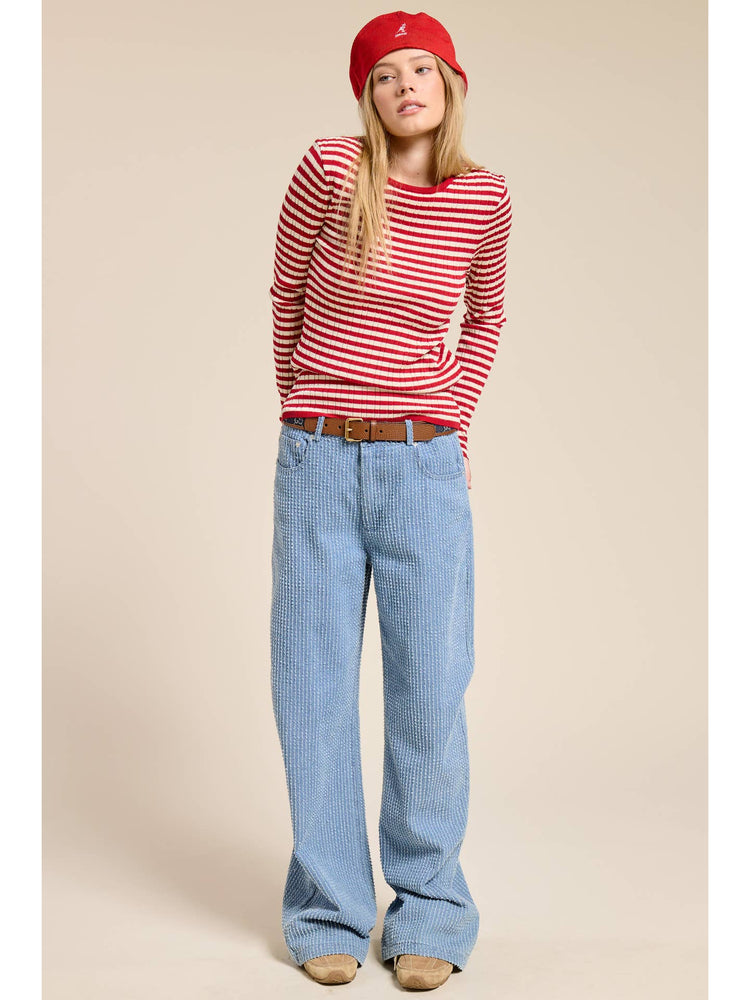 Ribbed Knit Striped Long Sleeve Top