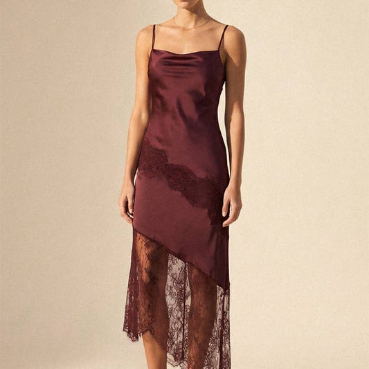 Asymmetrical Lace Trim Midi Slip Dress