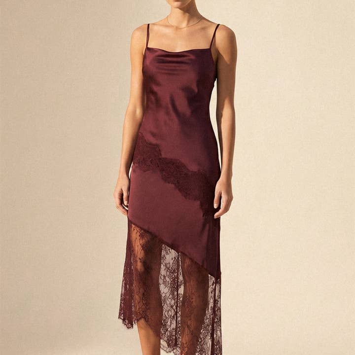 Asymmetrical Lace Trim Midi Slip Dress