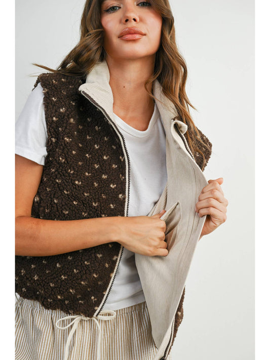 Brown Floral Fleece Sleeveless Vest