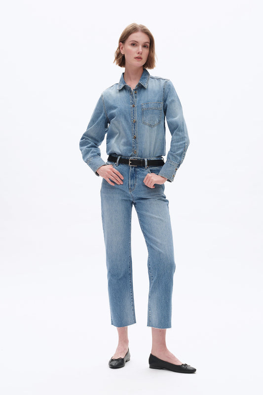 High Rise Straight Denim Jeans in Medium Blue