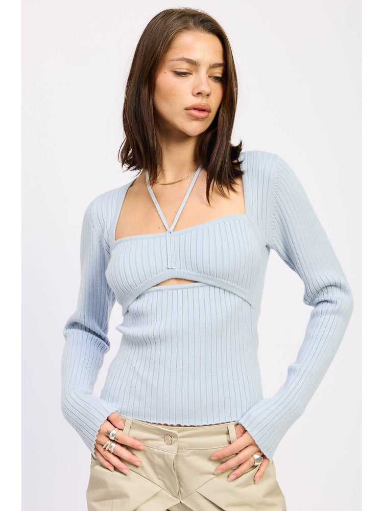 Squared Neck Knit Top with Cut Out Detail