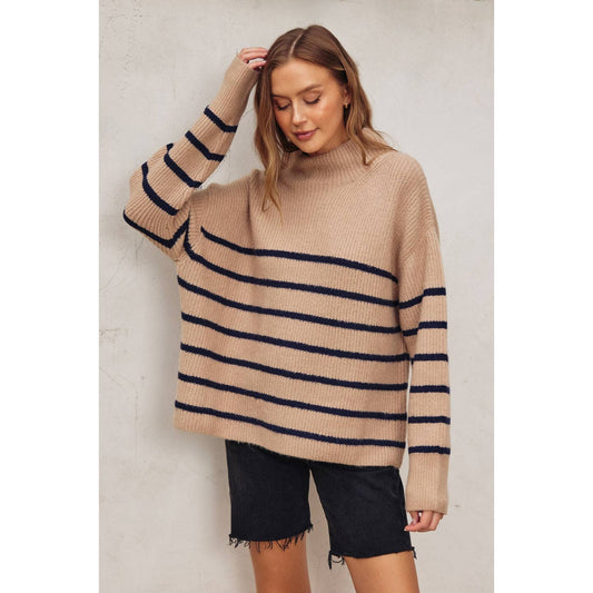 Fluffy High Neck Striped Hem Sweater in Mocha and Navy