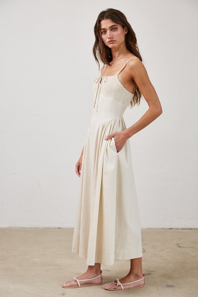 Ruched Ivory Midi Dress