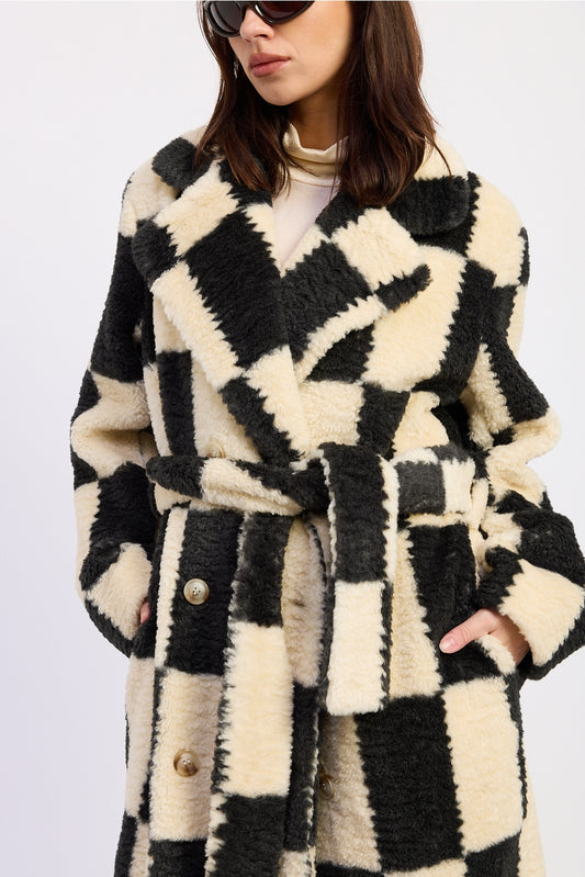 Faux Fur Collared Checkered Coat