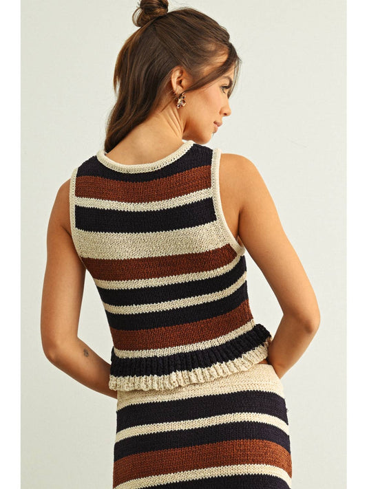 Color Block Knit Top with Ruffle Hem