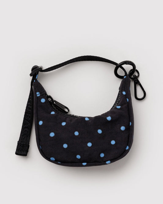 Baggu Crescent Bag Charm in Black and Sky Blue Micro Dot