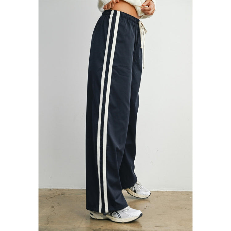 Striped Drawstring Wide-Leg Cuffed Pants