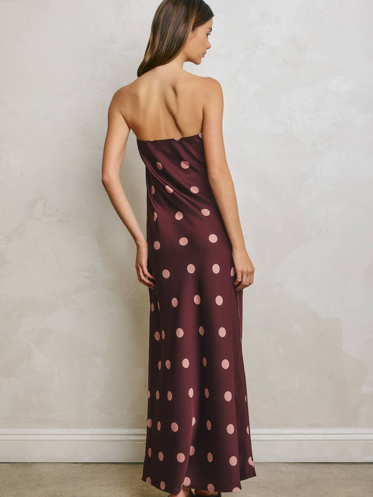 Polka Dot Satin Strapless Maxi Dress