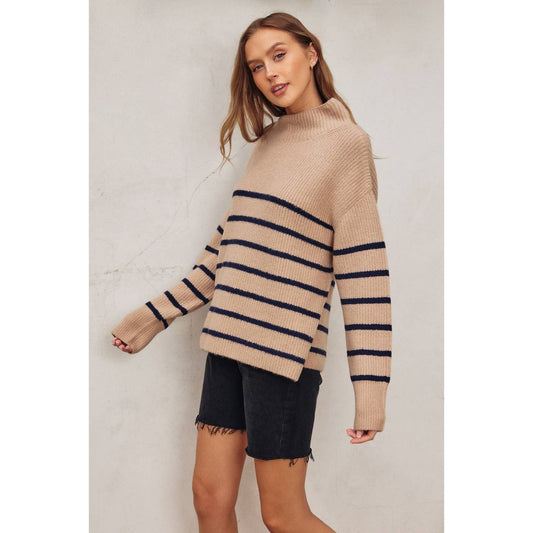 Fluffy High Neck Striped Hem Sweater in Mocha and Navy