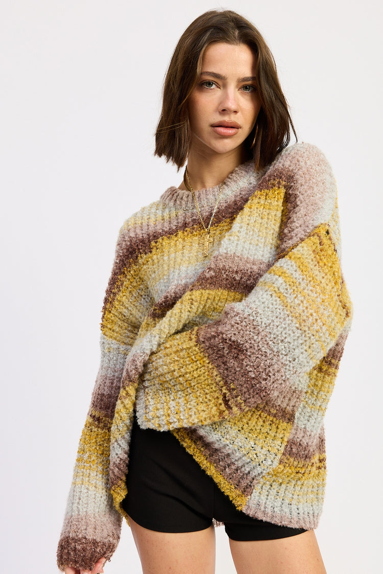 Brown and Yellow Mix Oversized Knit Striped Sweater