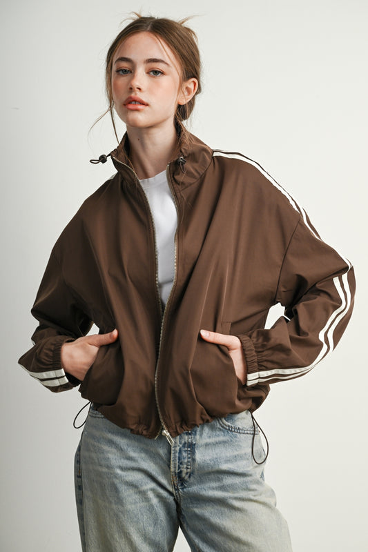 Striped Windbreaker Jacket with Drawstring Collar