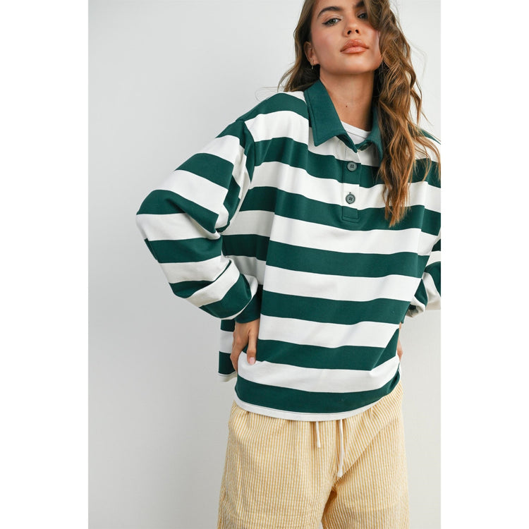 Striped Quarter-Buttoned Collared Sweatshirt