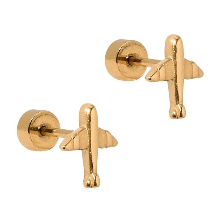 Airplane Gold Screwback Stud Earrings