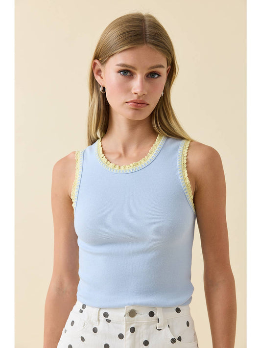 Contrast Crochet-Trim Rib Tank Top