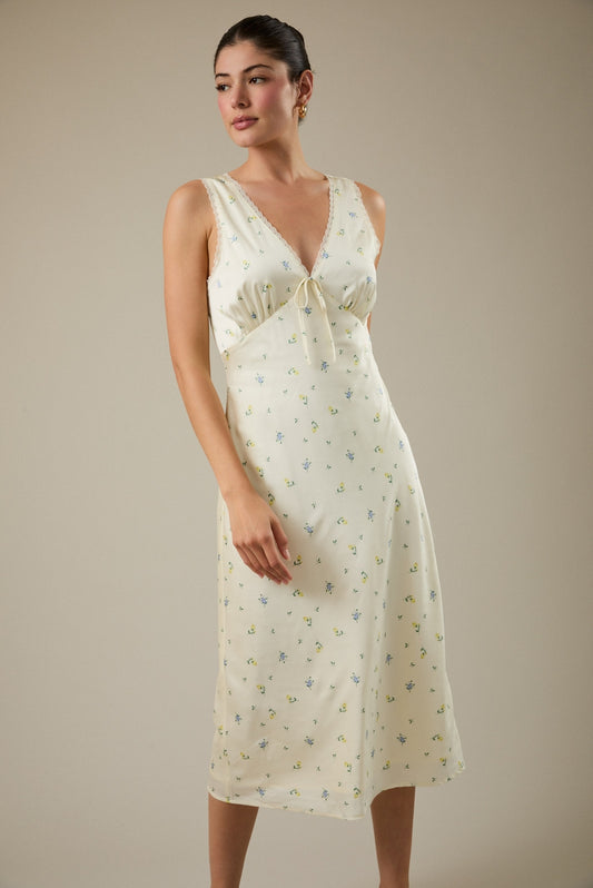 V-Neck Ditzy Floral Print Midi Dress