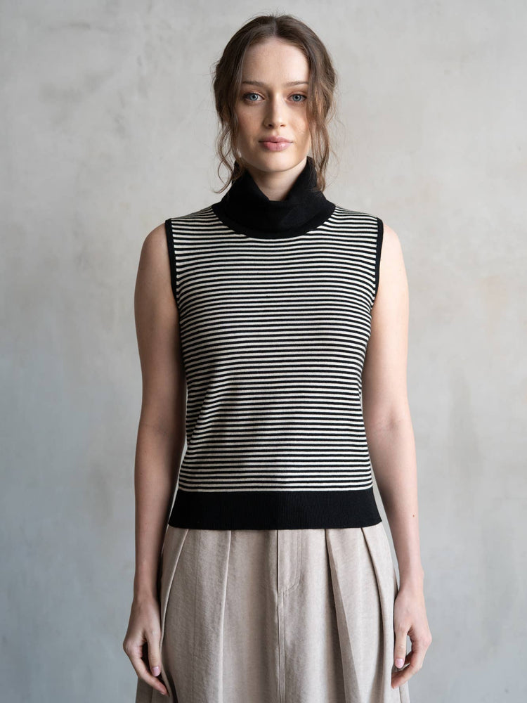 Black Striped Mock Neck Sweater Top