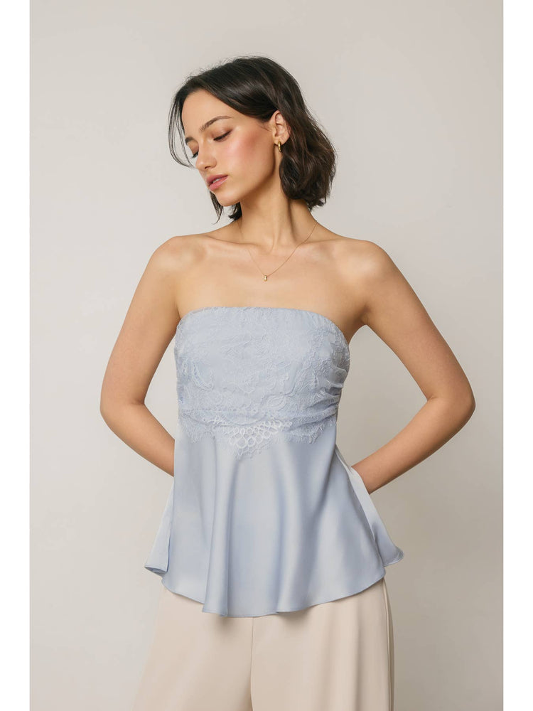 Satin Lace Strapless Flared Top in Powder Blue