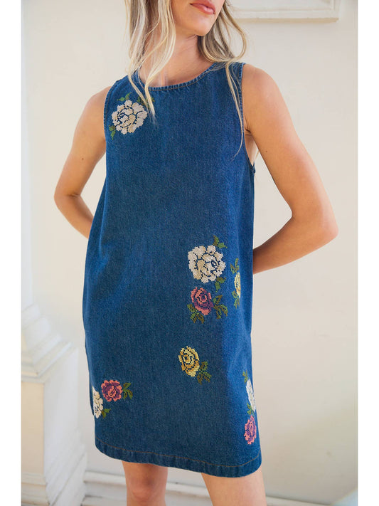 Floral Embroidered Denim Sleeveless Dress