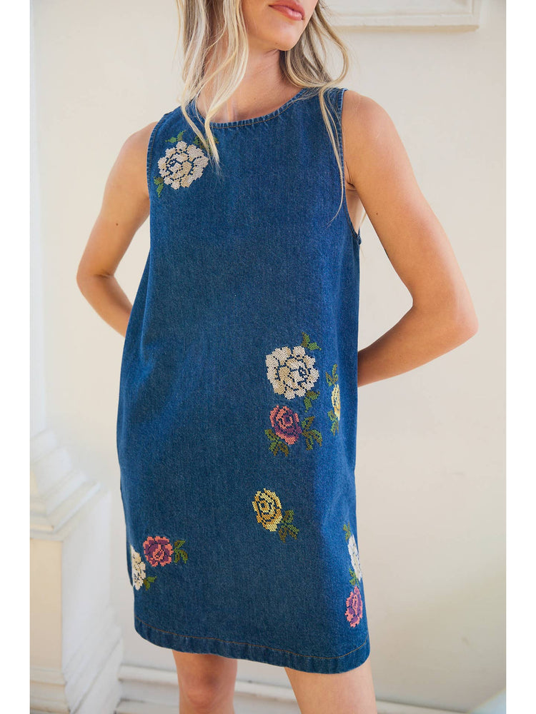 Floral Embroidered Denim Sleeveless Dress