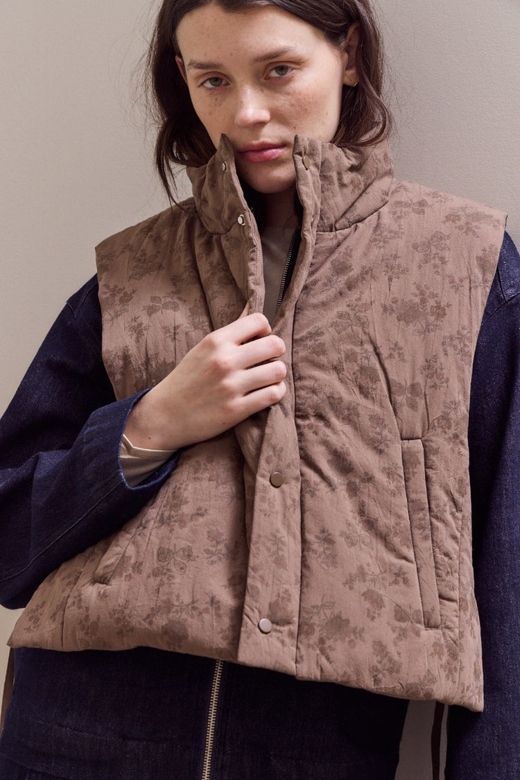 Floral Cotton Stand Collar Padded Vest