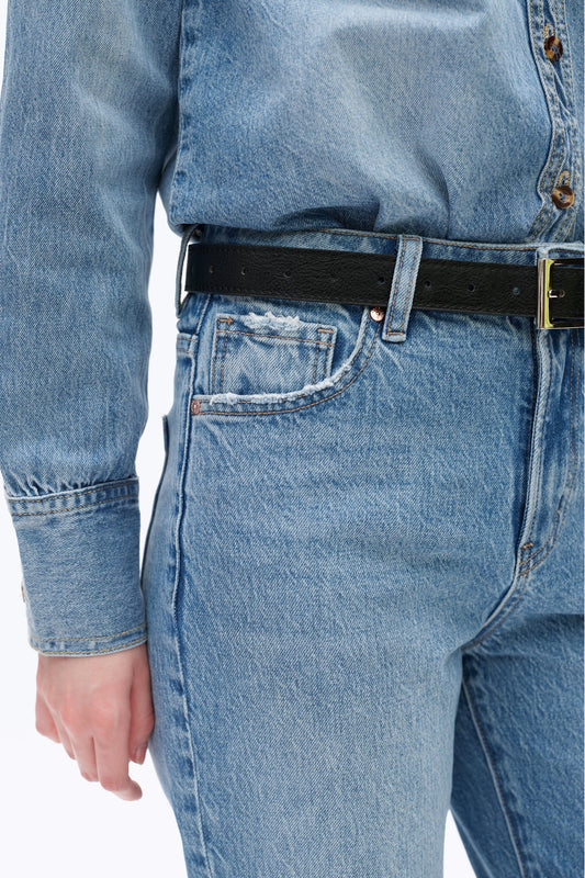 High Rise Straight Denim Jeans in Medium Blue