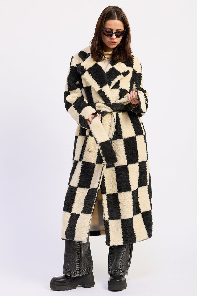 Faux Fur Collared Checkered Coat