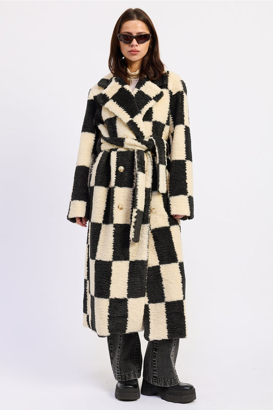 Faux Fur Collared Checkered Coat