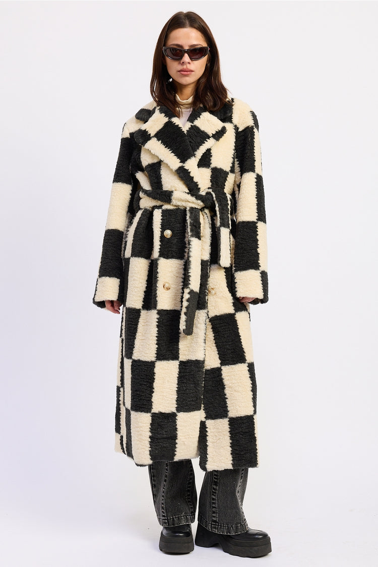 Faux Fur Collared Checkered Coat