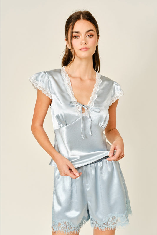 Satin Lace V Neck Top