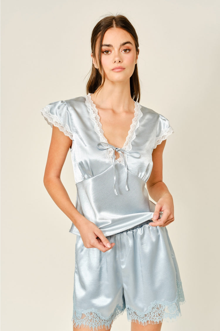 Satin Lace V Neck Top